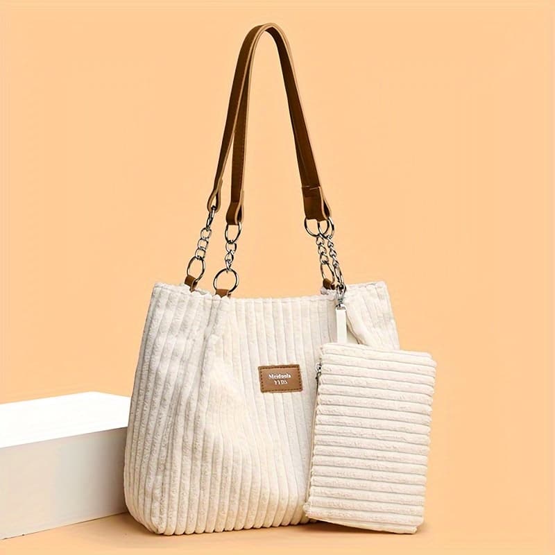 TEMU Set Of Casual Corduroy Shoulder Bags With A Matching Clutch, Featuring A Zipper Closure, Lightweight Tote With Fixed Straps, And A Lining, Designed With A Solid Striped Pattern