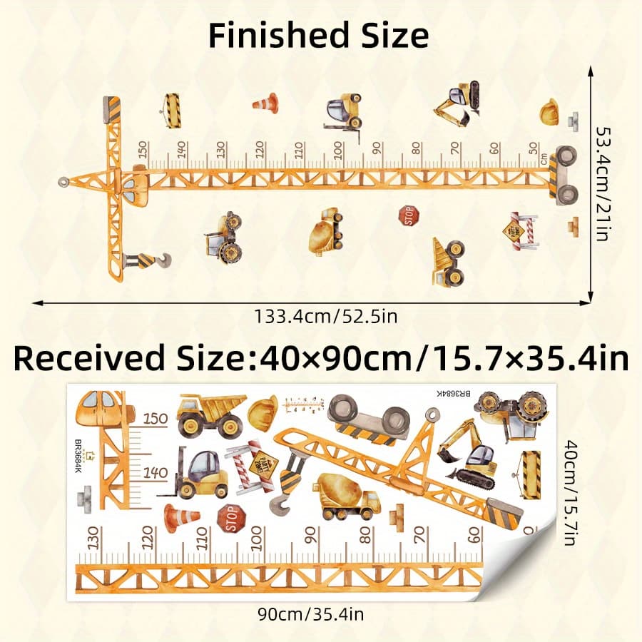 TEMU 1pc Removable Cartoon Engineering Vehicle Crane Height Sticker Wall For Kids Room Boys Room Decor Growth Measurement Tool Bedroom Nursery Self-adhesive Wall Decals 15.7in X 35.4in