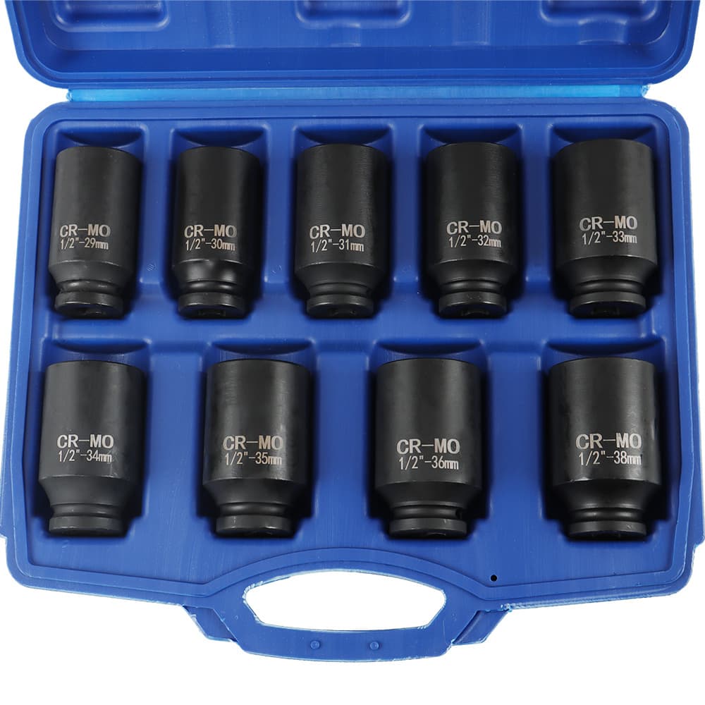 TEMU Set Of 9 Deep Impact Sockets Ranging From 29 To 38 Mm, Designed For 1/2 Inch Drive Metric Axle Nut Installation And Removal
