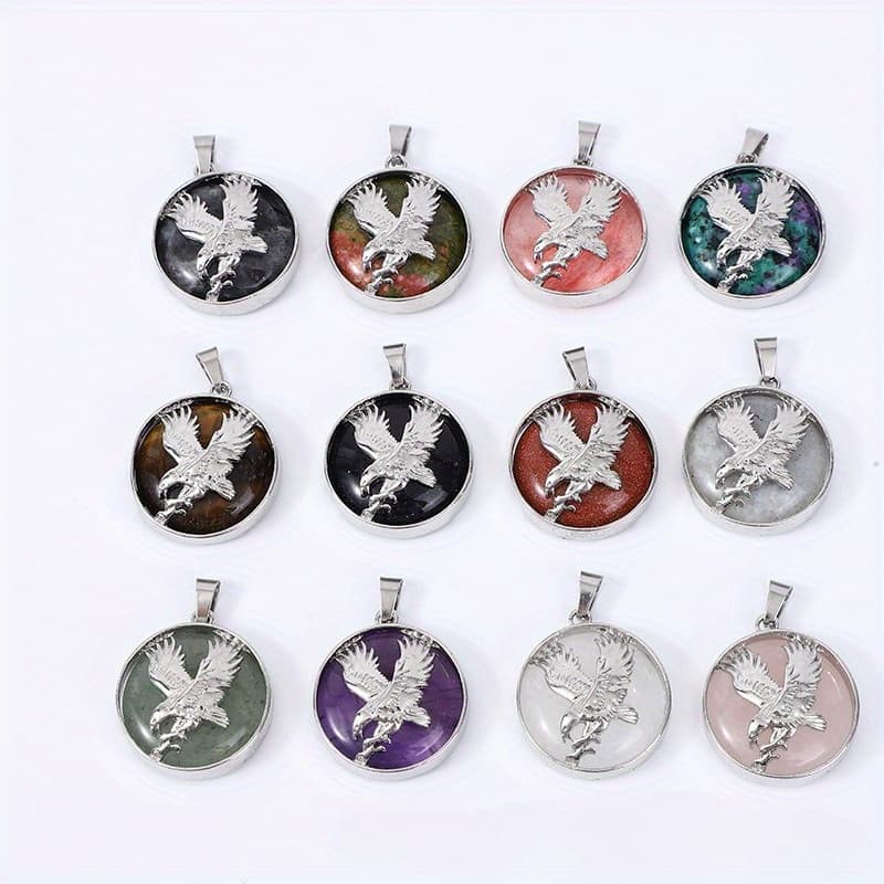 TEMU 5pcs Random Natural Stone Circular Eagle Pendant, Diy Necklace, Bracelet, Keychain, Daily Wear, Universal All Year Round