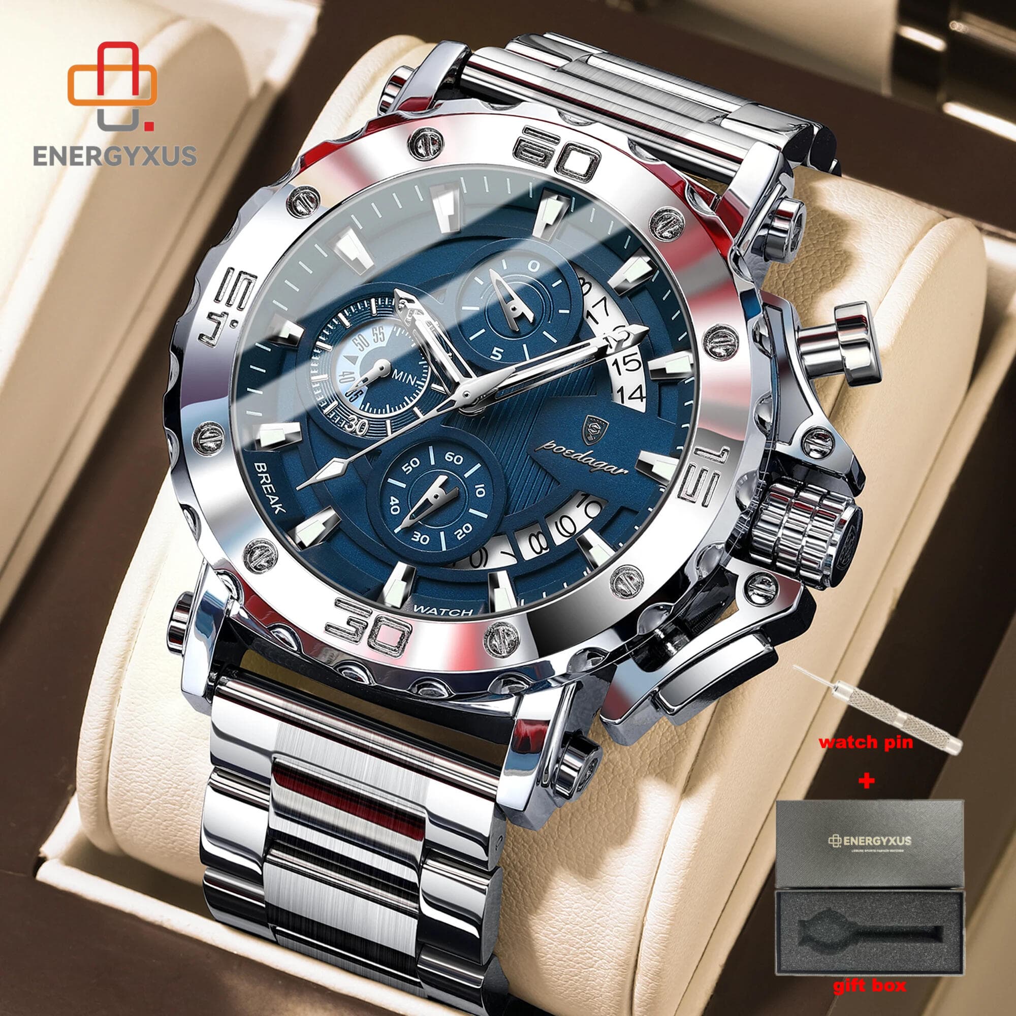 TEMU Energyxus Luxury Men's Watch Calendar Luminous Man Clock Chronograph Stainless Steel Watches Men's Watch, Without Battery