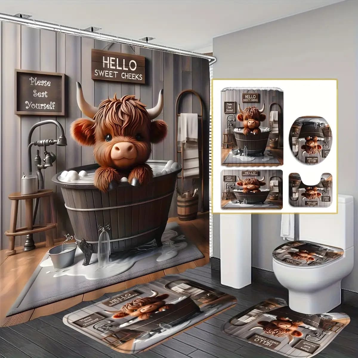 TEMU 4pcs Bathroom Decor Set, Fashion Abstract Shower Curtain Set Including Floor Mat, U-shaped Floor Mat And Toilet Seat Cover, 12 Hooks, Household Bathroom Accessories