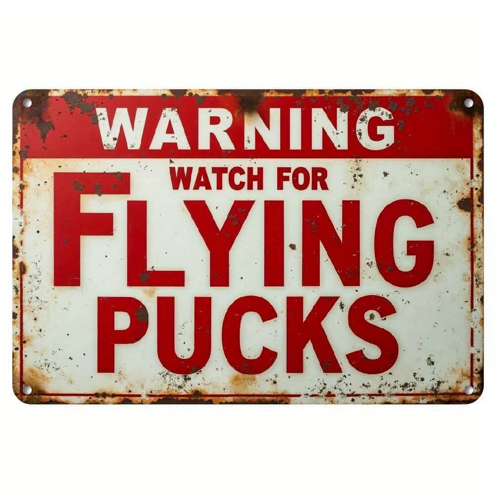 TEMU "warning Watch For Flying Pucks" Vintage Metal Sign - Hockey - Themed Humorous Quote Wall Decor For Home, Gym Or Hockey - , Wall Decor Plaque (size: 12*8)
