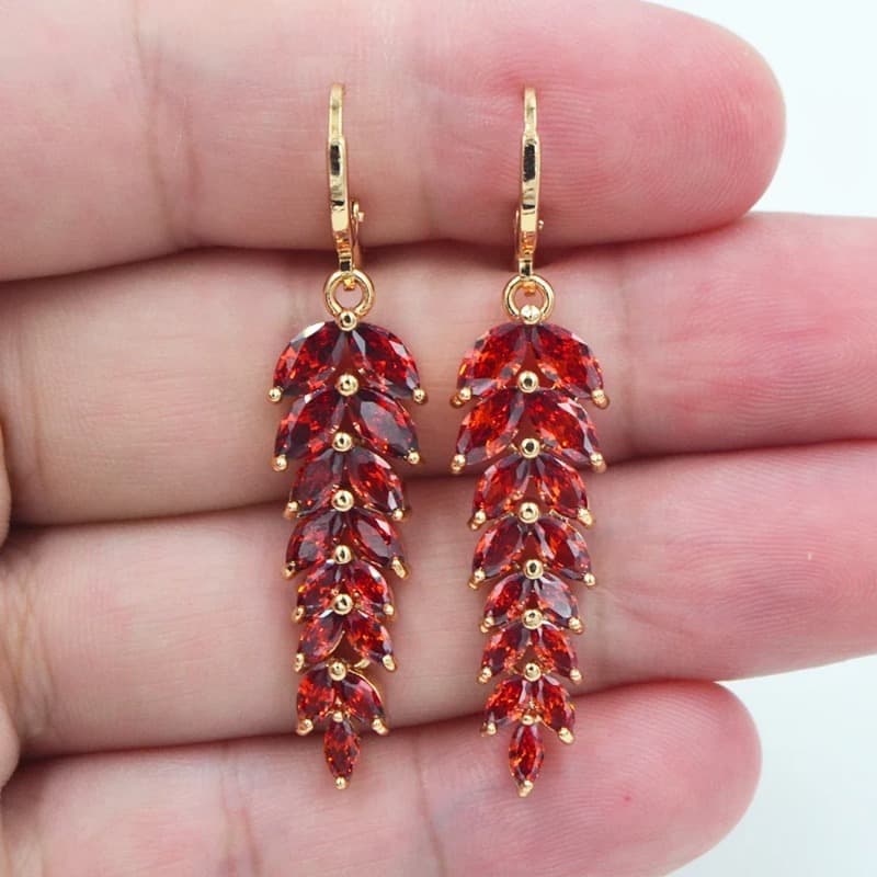 TEMU Shine Red Synthetic Zirconia Golden Women Luxury Red Cz Leaf Wedding Jewelry Earrings