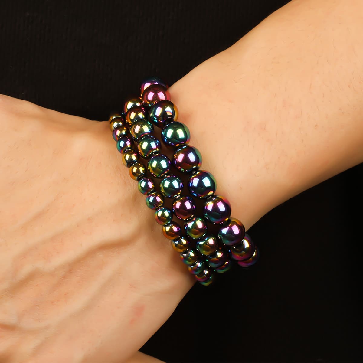 TEMU 3pcs Rainbow Hematite Elasticated Bracelet: 6mm+8mm+10mm, Grounding& Stability, Mental & Focus Protection, Unisex, Lovers' Accessory, Perfect Jewelry Gift For Moms, Women, , And For Family