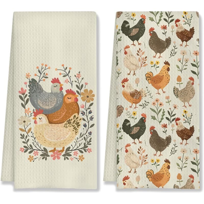 TEMU 2pcs Farmhouse Kitchen Towels | Vintage Decor Dish Cloths With Chicken & , Ideal Housewarming Gift For , Machine Washable Rectangular Towels With Motif