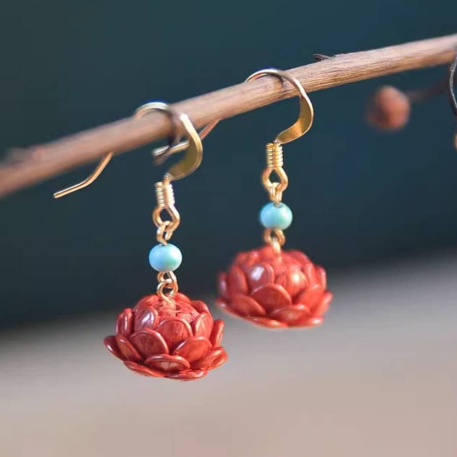 TEMU 1 Pair Handmade Natural Stone Beads Ear Tassel Lotus Earrings Men's Holiday Gift Women's Turquoise Accessory, Suitable For Daily Wear As A Gift