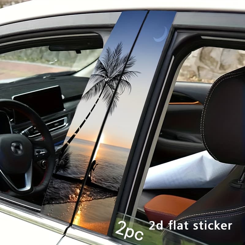 TEMU Set Of 2pcs B-pillar Stickers Featuring A Beach Coconut Tree Sunset Silhouette Design. 2d Flat Waterproof Protective Films Are Suitable For Glass, Metal, Plastic, Ceramic, And Wood
