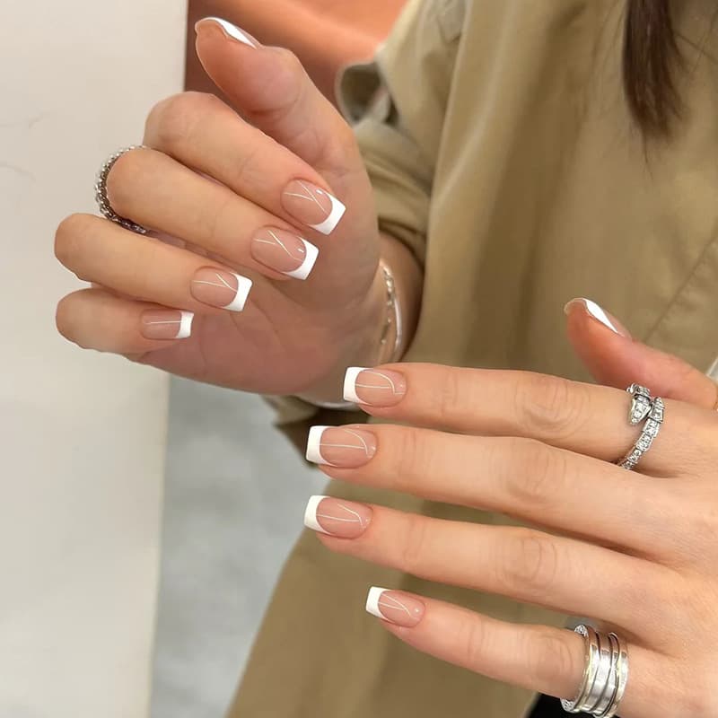 TEMU 48pcs White French Pointed Nail Press, Medium Square Fake Nail, White Pattern Nail Press, Almond Acrylic Nail