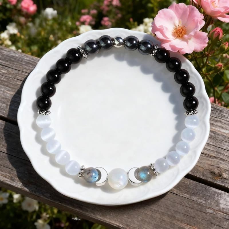 TEMU Lunar Bracelet | Black, Selenite & Hematite Moon Phase Charm Stretch Bracelet | Balance Cleanse Bracelet
