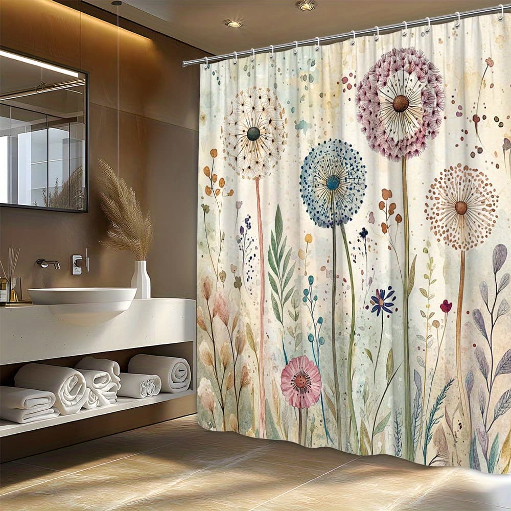 TEMU 1pc Whimsical Garden Curtain - Watercolor Scene With Pastel & Delicate Plants, 70x70 Inches,, 12 Hooks Included, Hand Wash Only, Bathroom Decor, Bathroom Decor And Accessories