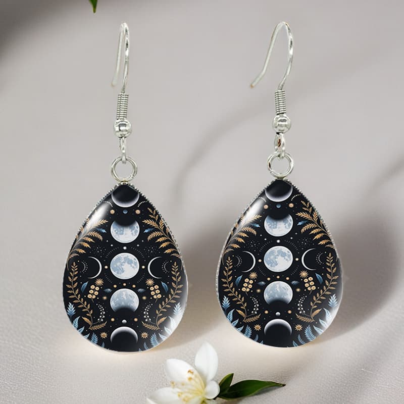 TEMU Retro Moon Lunar Waxing And Waning Leaves Pattern Tear Drop Glass Cabochon Fish Hook Earrings Fashion Stainless Steel Earrings Jewelry Accessory Gifts