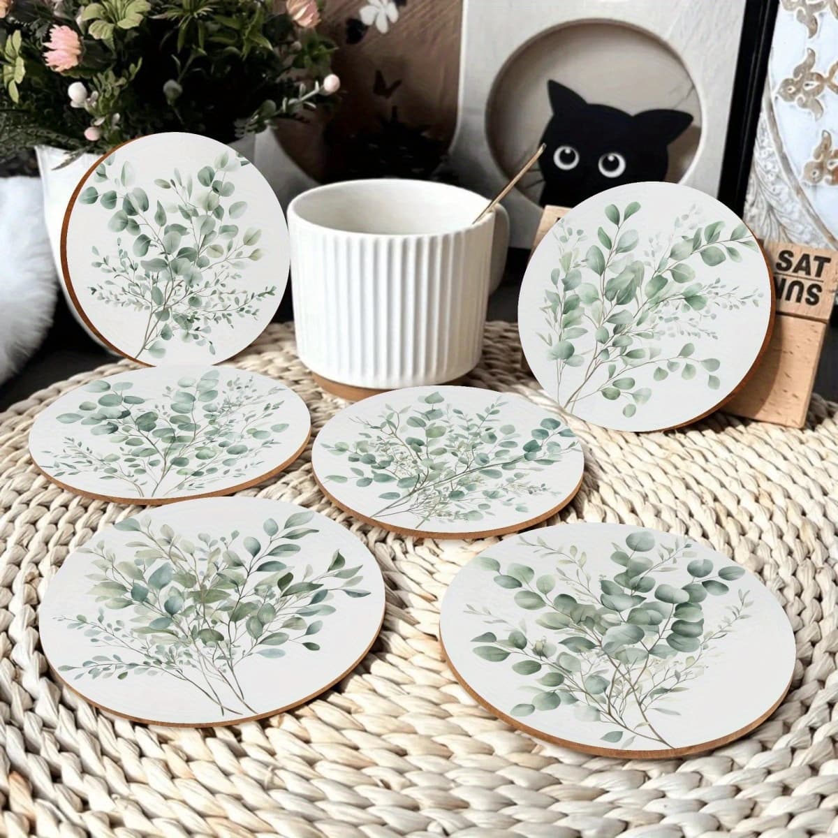 TEMU 6pcs Boho Wooden Coasters - Boho Chic Wood Coaster Pads Suitable For , Durable Composite Table Protectors For Home Office Decor, Housewarming/birthday Gift, Wood Grain Coaster Holders For Tables