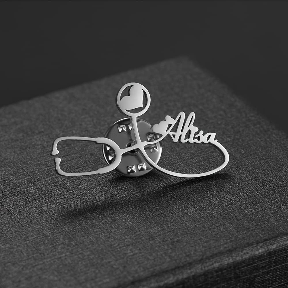 TEMU Custom Engraved Love Stethoscope Brooch - Personalized Stainless Steel Lapel Pin For Nurses, Doctors, And Medical Students - For Birthdays, Anniversaries, Teacher Appreciation, And Graduation