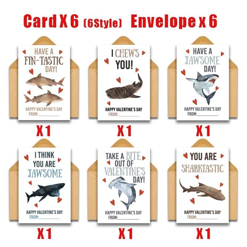 TEMU 12-pack Valentine's Day Exchange Cards Featuring Sharks, Complete With Envelopes, Perfect For Gifting At School. A Bulk Set Of Blank Notecards Suitable For And