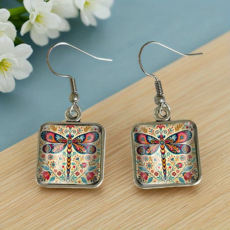 TEMU Floral And Dragonfly Pattern Hook Earrings Fashion Handmade Jewelry Accessory Gifts