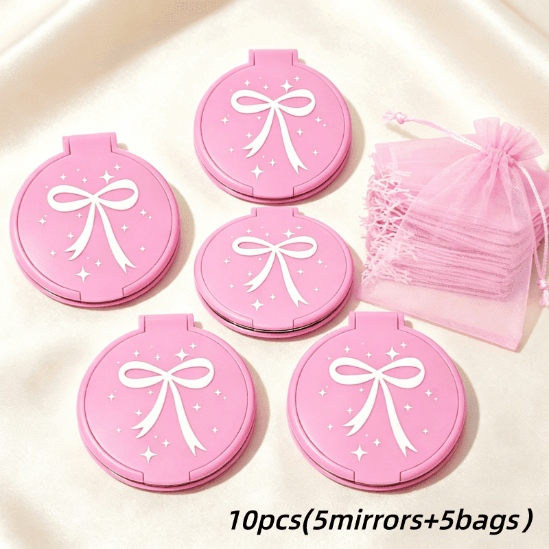 TEMU 10pcs/set Pink Bow Mini Pocket Mirror Set, Compact Round Folding Makeup Mirror, Korean Style Vanity Accessory With Bags, Ideal As Party Favors Or Bridal Shower Gifts