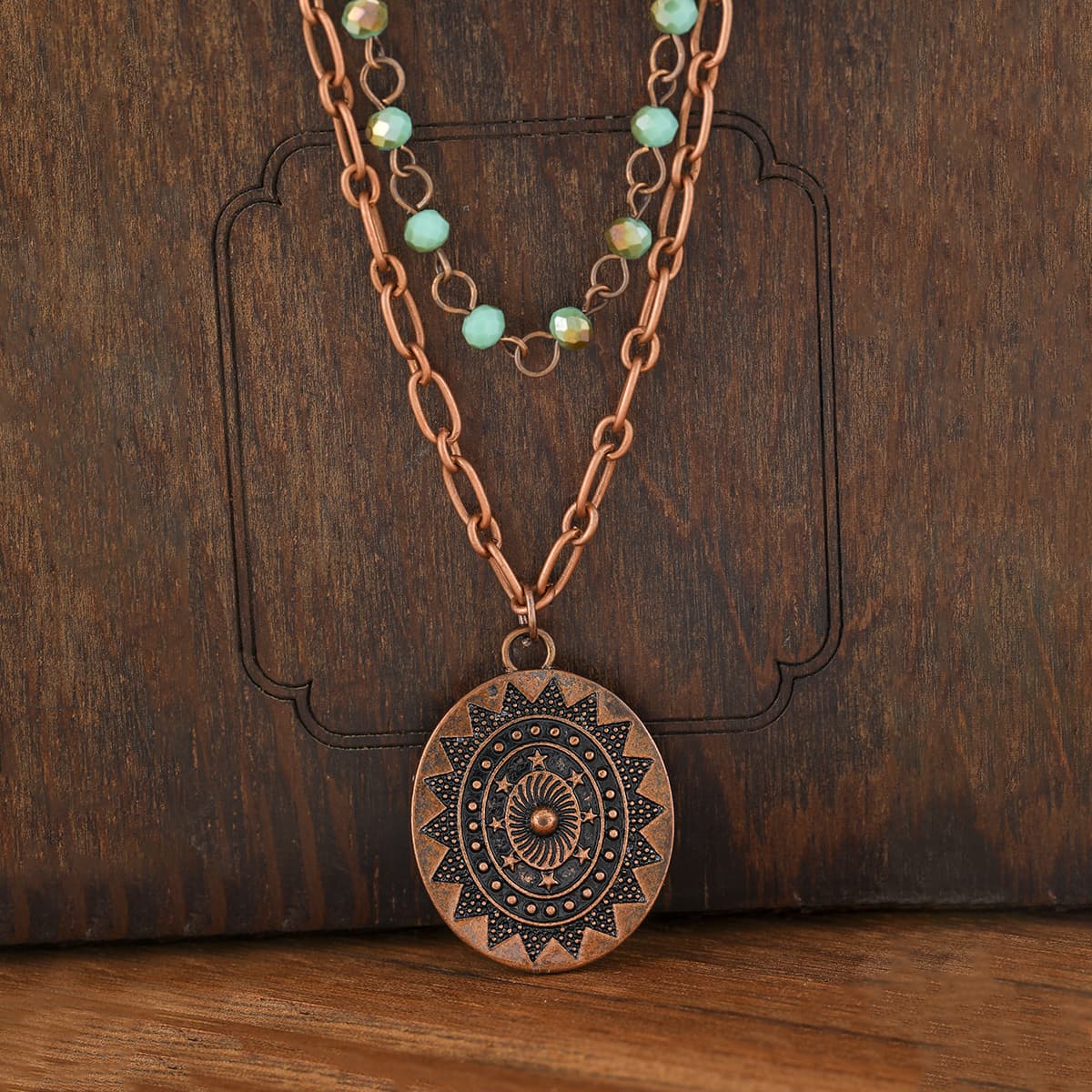 TEMU Simple Vintage Synthetic Beaded Pendant With Engraved Sunflower Pattern, Double-layer Necklace, For Banquet Commemorative Holiday Party Outfits And As A Gift For