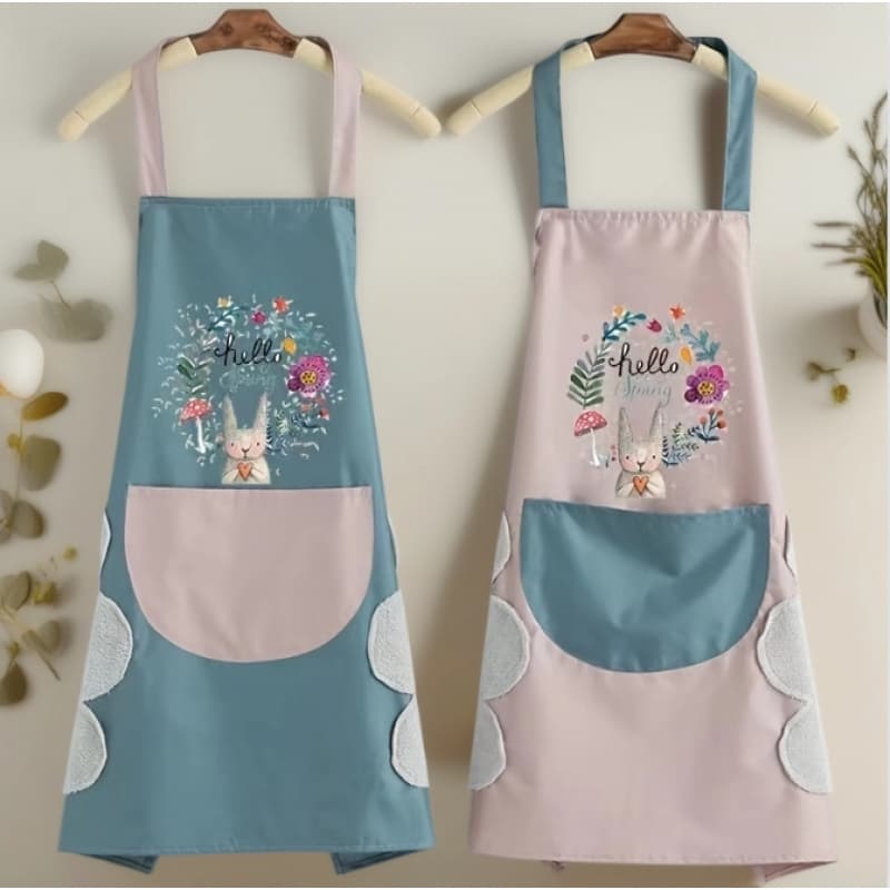 TEMU 2pcs Rabbit Floral Printing Multi-functional Waterproof And-proof Kitchen Apron With Hand Brush Function-cooking, Cleaning And Outdoor Use, Waterproof Apron