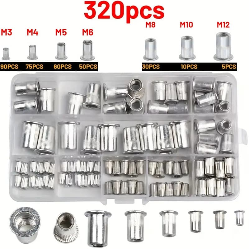 TEMU 320pcs Aluminum Flat-head Rivet Nut Set, Aluminum Fasteners M3-m12 Rivet Nut Combination Kit, Suitable For Automotive, Marine, Home Decor, And