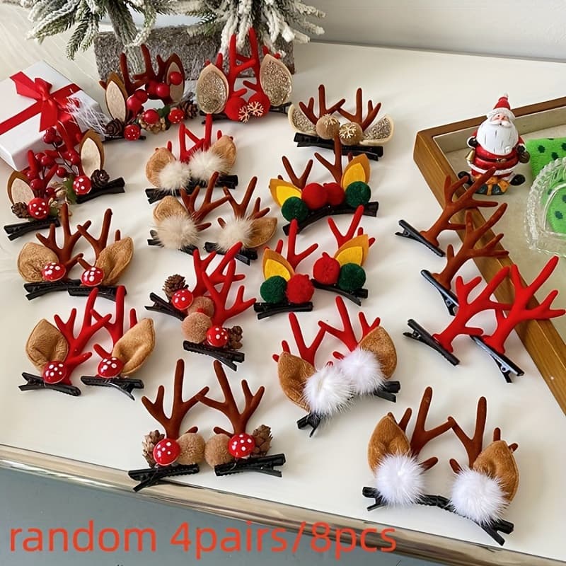TEMU 8pcs Reindeer Antler Hair Clips, Random Styles , With Pom-poms And Ears, Plastic Material Christmas Additions