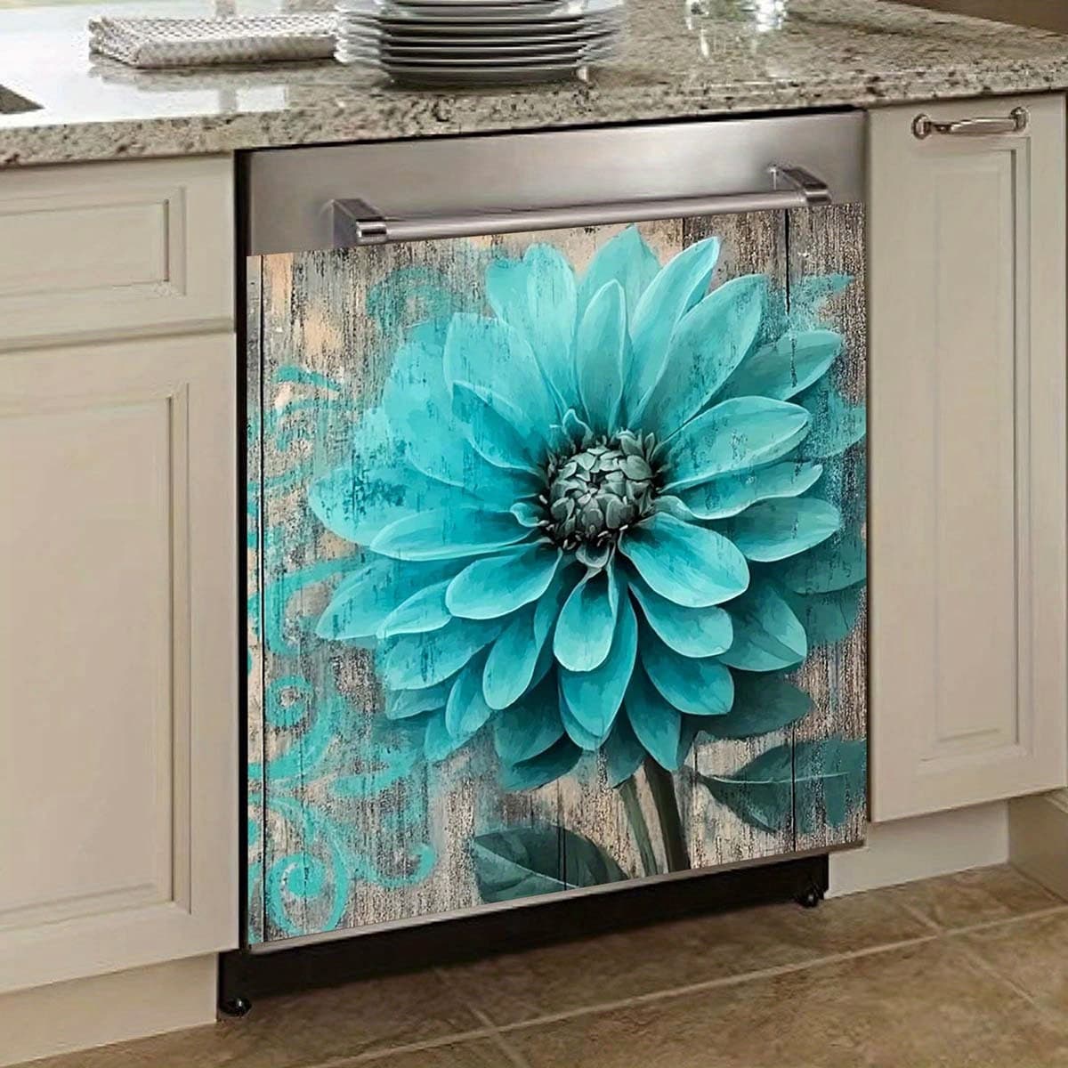 TEMU Ujoviil Turquoise Flower On Weathered Dishwasher Cover, Rustic Farmhouse Decor, 23.03 X 25.59 Inch, Vinyl Refrigerator With , Ideal For Countryside Kitchens And Rustic Cafes, Dishwasher Cover
