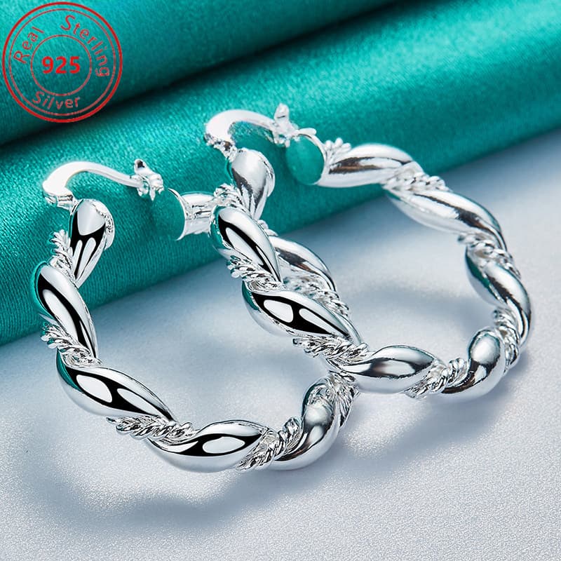 TEMU 1 Pair Of S925 Sterling Silvery -35mm Twist Cord Twist Earrings - Hypoallergenic - Stylish Retro Style - Perfect For Casual Attire And Gift - Perfect For Valentine's Day Gift