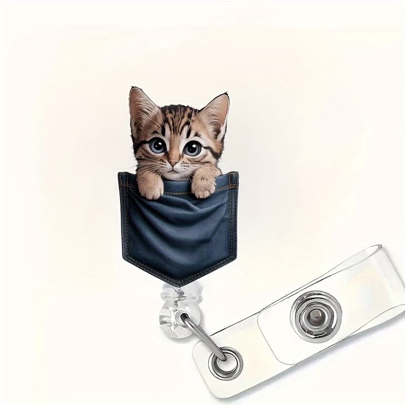 TEMU 2dflat 1pc Vintage Retractable Badge Reel With Cute Cat - Durable Acrylic Id Holder With Clip, Suitable For Nurses, Students, Doctors, And