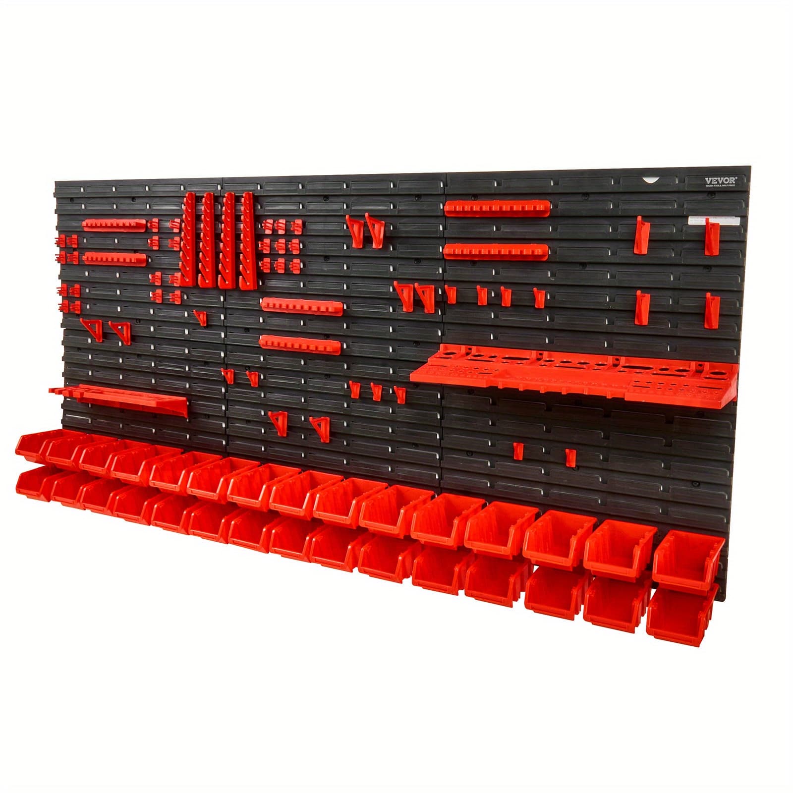 TEMU Happybuy Wall Mounted Storage Bins, 30-bin Parts Rack Organizer Garage Tool With Wall Panels//hooks, Tool Organizer For Nuts, Bolts, Screws, Nails, Beads, Buttons, Black And Red