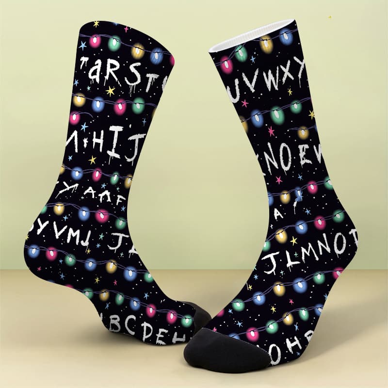 TEMU A Pair Of Printed Socks With Printed Patternsglowing Alphabet Lights On Black Backgrounda Soft Comfortable Breathable Cute And Crazy Gift