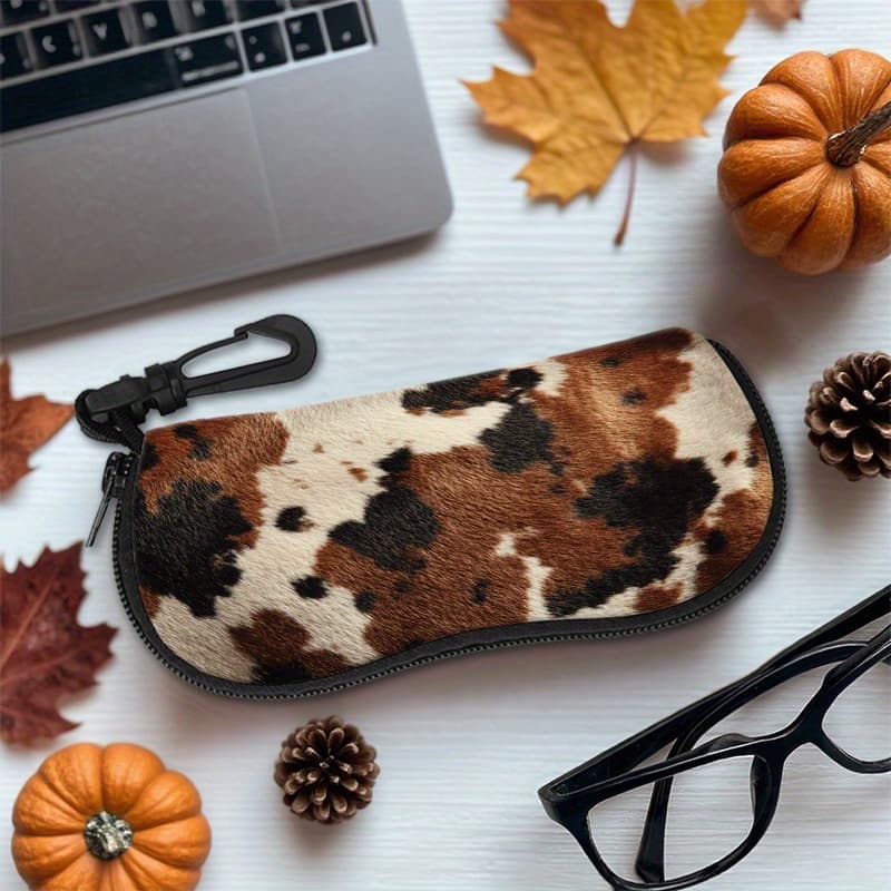 TEMU 1 Portable Glasses Case Featuring A Cow Print Design, Made From Neoprene With A Zipper, Accommodating All Eyewear Types And Sizes, Ideal For Genders