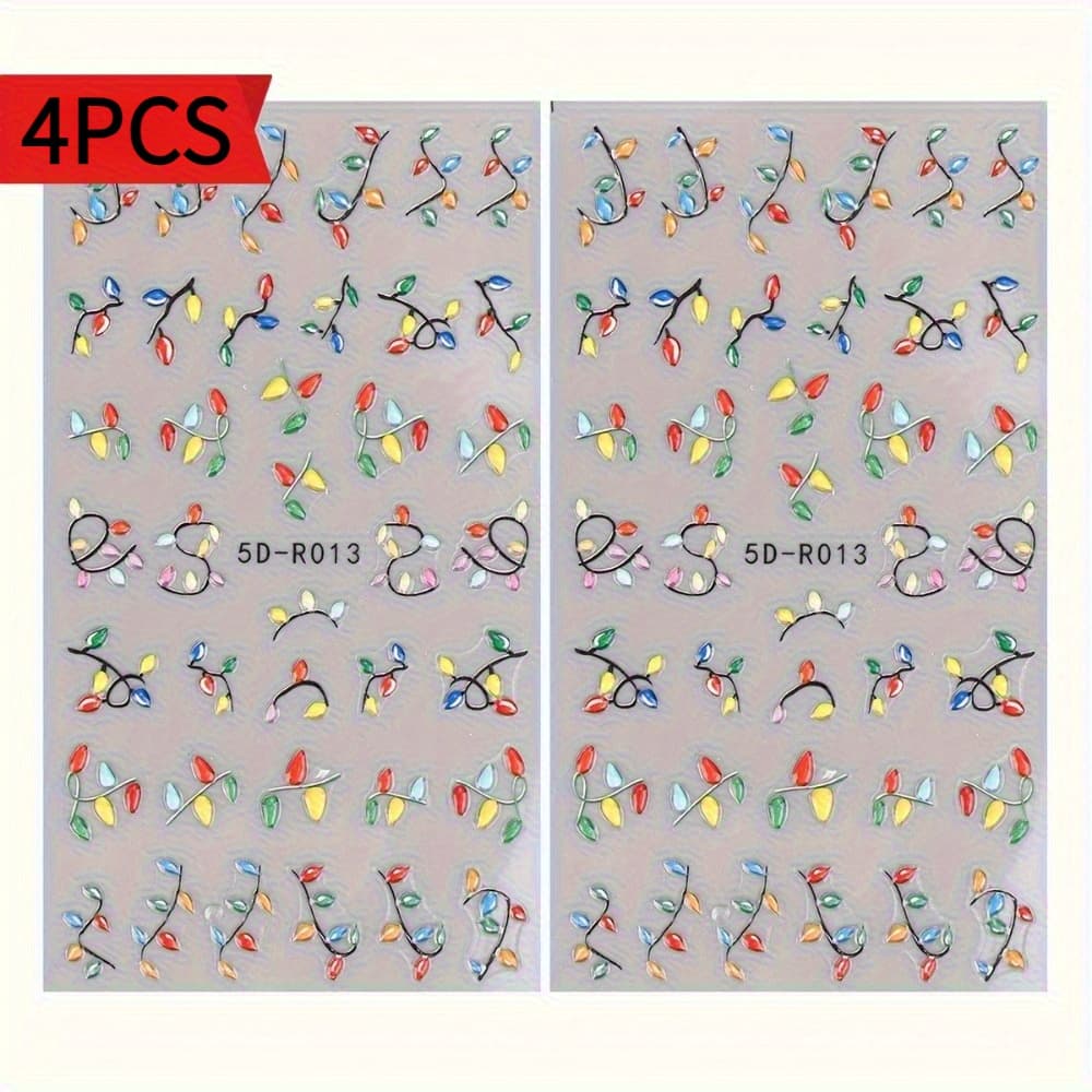 TEMU 4pcs/set Christmas Light Nail Stickers- Self-adhesive Nail Decorations, Glossy, Theme, Solid Color Patterns, Embroidered , Rectangular Shape, For Nail Decoration