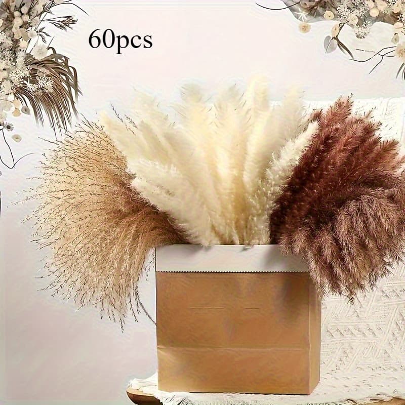 TEMU 60pcs Boho Artificial Pampas Grass Bouquet - Rustic Floral Arrangement In Shades Of Beige, , Perfect For Home & Wedding Decor, Valentine's Day, , And Festive Christmas, Flower Decorations