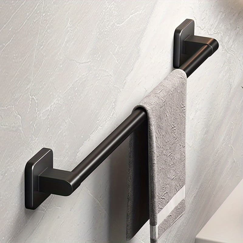TEMU 1pc Modern Black Metal Self-adhesive Towel Bar Rack, No Drill Wall Mounted, With Hand Towel Hook, For Bathroom And Kitchen Towel Storage