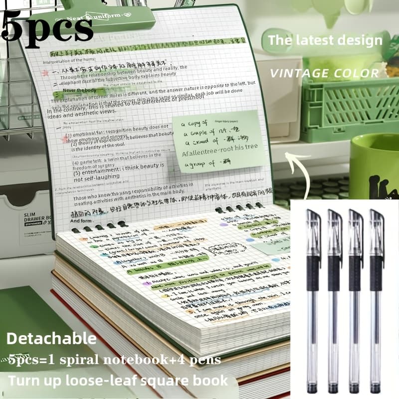 TEMU Random-colored, Detachable Flip-up Loose-leaf Notebook. Includes 1 Spiral-bound Notebook And 4 Pens. Each Notebook Has 60 Sheets/120 Pages. Features A Stylish Solid-.