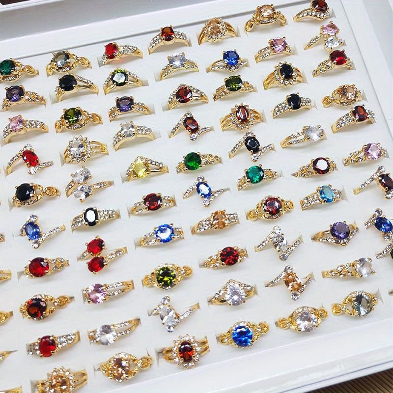TEMU 10pcs Women' Vintage Synthetic Zirconia Rings - Elegant Suitable For Daily Wear, Parties, Vacations & Summer - Multicolor Bands (,,,,) - Affordable Gift 10pcs