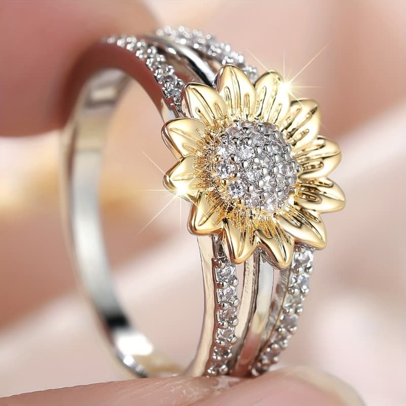 TEMU Exquisite And Adorable Dual-color Sunflower Ring With Dense Synthetic Synthetic Zirconia, Versatile Jewelry For Women' Wear, Parties, Banquets, Leisure, And Vacation
