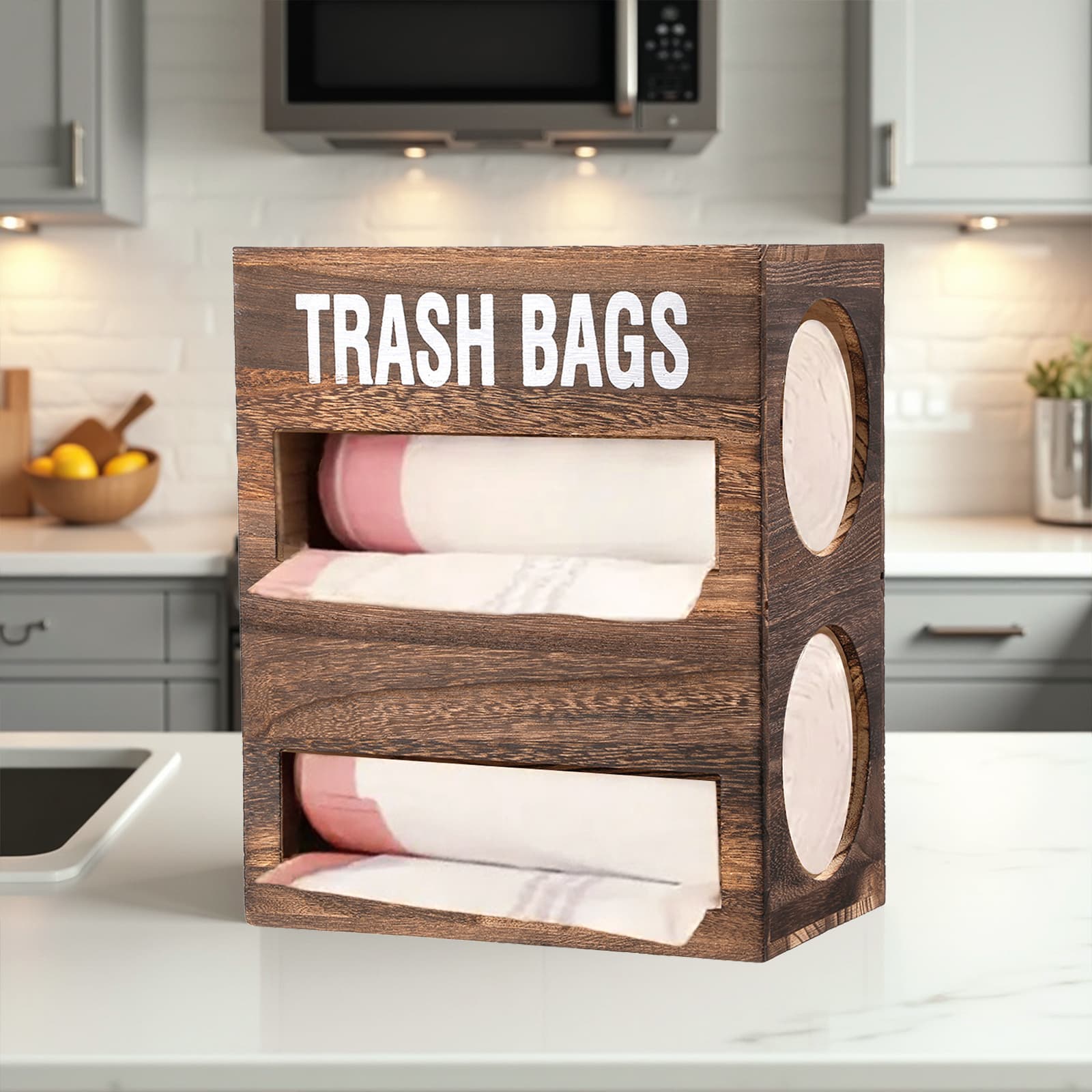 TEMU Wall- Mounted Large Double- Layer Wooden Garbage Bag Storage Box Dark Brown Color, 2- In- 1 Large- Capacity Grocery Bag Dispenser Suitable For Kitchen And Bathroom