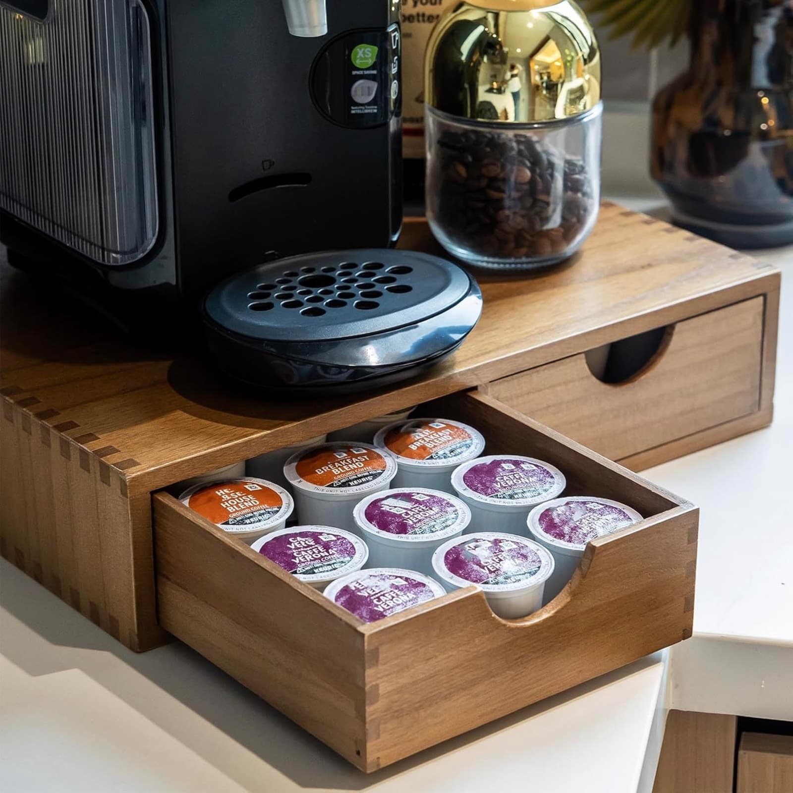 TEMU Storage Solution -cups, Featuring A Coffee And Tea Organizer Rack, A Drawer Stand For Coffee Machines, And Space For Up To