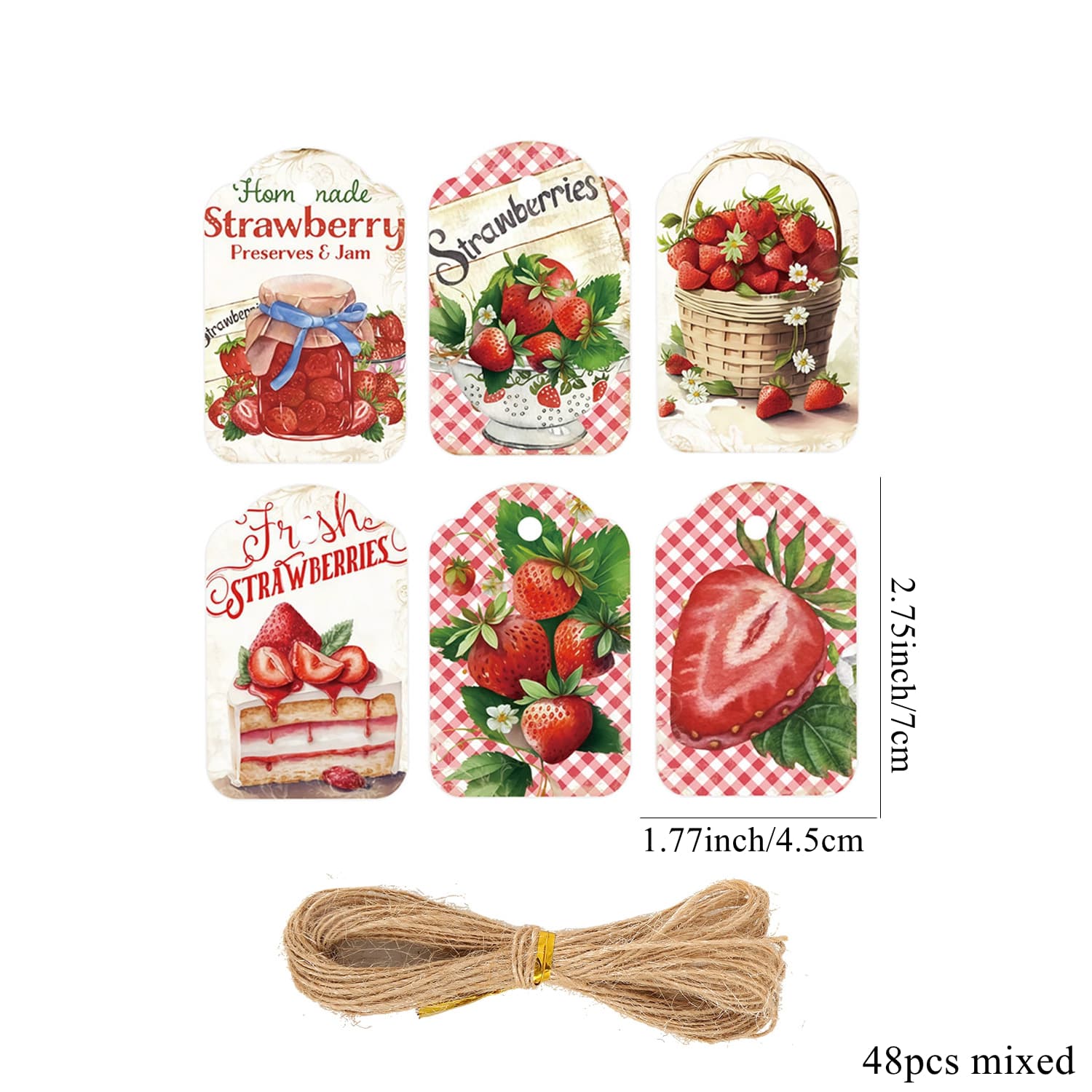 TEMU 48pcs/set Silly Strawberry Series Paper Tags Multi Strawberry Printed Hanging Labels For Wedding Strawberry Themed Birthday Party Decorations Diy Gifts Packaging Supply