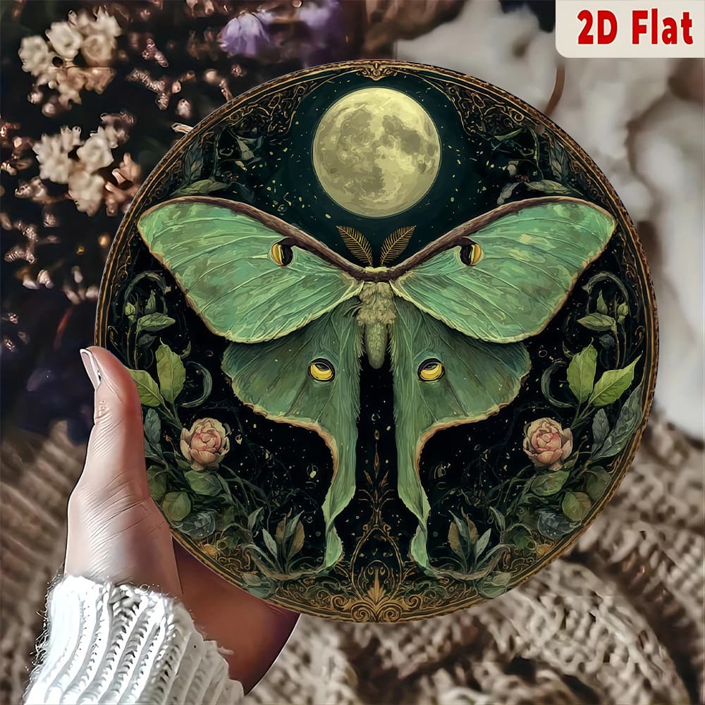TEMU 2d Flat - Two-dimensional Decorative Metal Wall Art Sign Featuring A Vintage Green Moth With A Moon And , Ideal For Halloween And Holiday Gifting, Easy To Hang, And A Great Addition To Home Decor