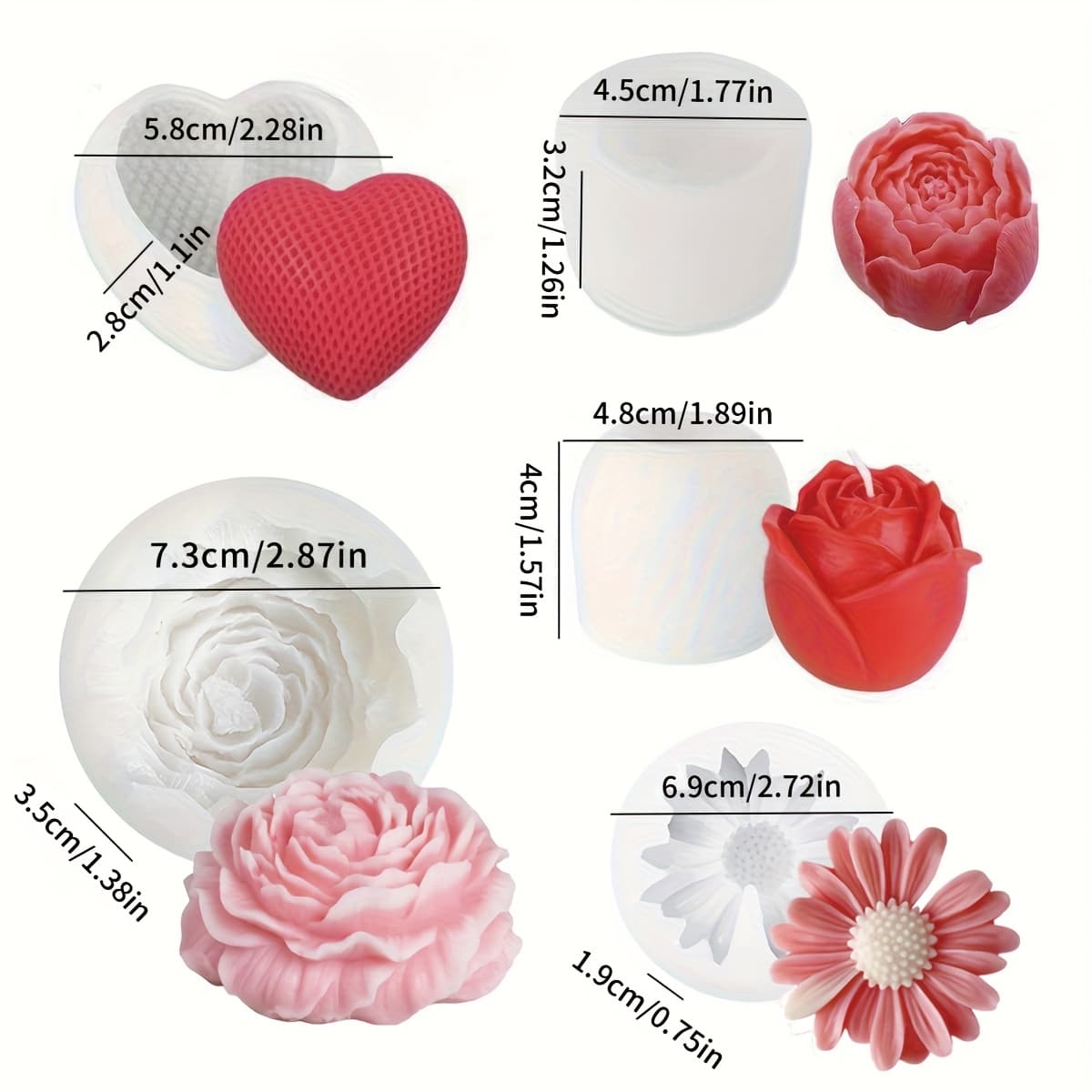 TEMU 5pcs Floral Candle Mold Set – Rose, Daisy, Carnation, Tulip And Heart Flower Designs | 3d Silicone Molds For Scented Candle Making And Hand Casting Craft Molds | Handmade Candle Projects