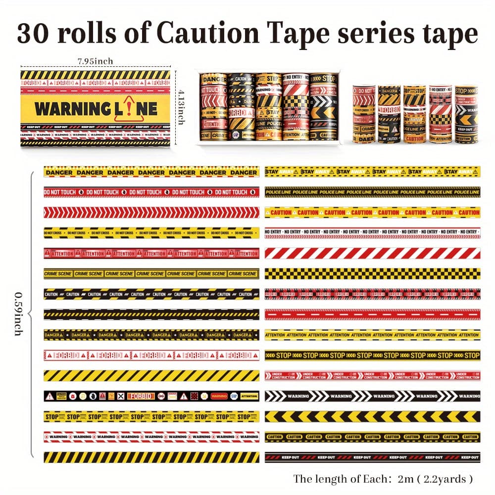 TEMU 30 Rolls/box Caution Washi Tape Set 2m(2.) Long Self-adhesive Tear-resistant Great For Labeling Scrapbooking Suitable For Office Classroom Home And Industrial Use