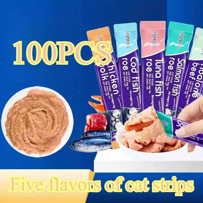 TEMU 100pcs Cat Strips Wet Food Nutritional Strips Cat Snacks Nutritional Strips Adult Cats Weight Hair Cheeks Cat Snacks 5 Mixed Flavors