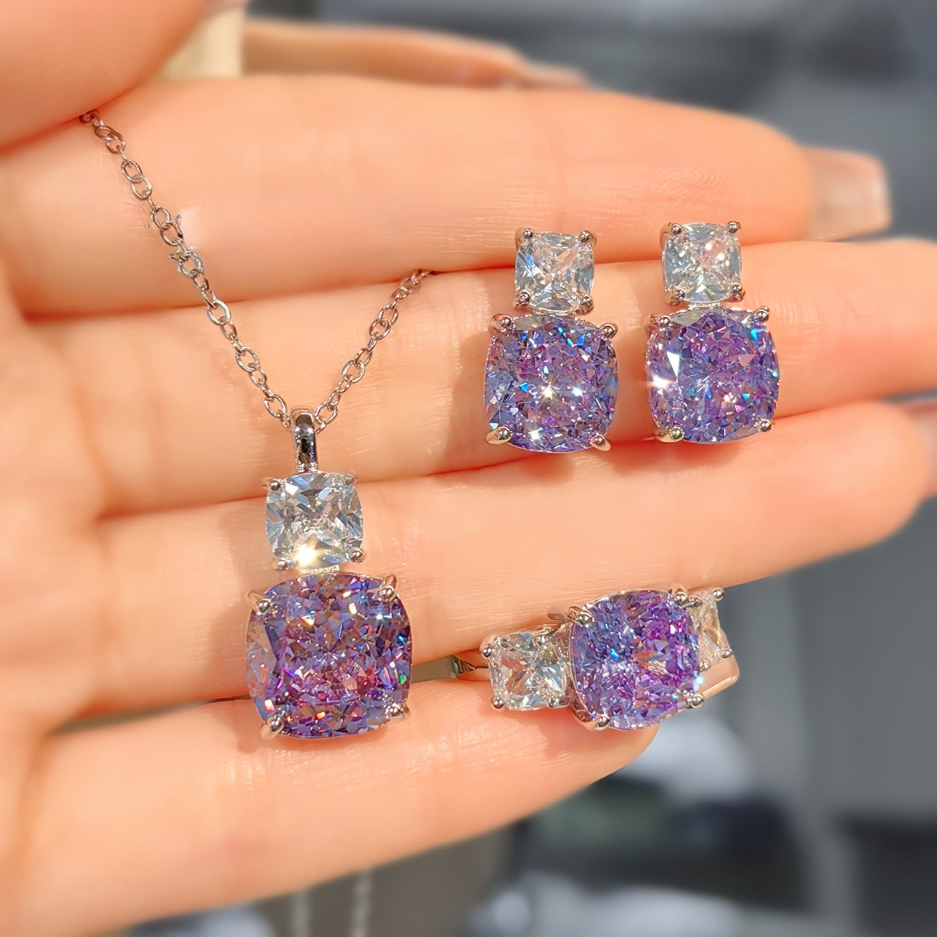 TEMU 3pcs/set Elegant Pendant Necklace, Ring And Earring Set, Square Rhinestones, , Elegant And Luxurious, Suitable For Men And Women