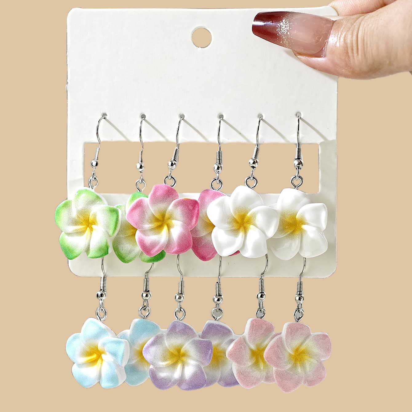 TEMU 12pcs Cross-border Minimalist Bohemian Gradient Plumeria Resin Flower Earrings Set For Women