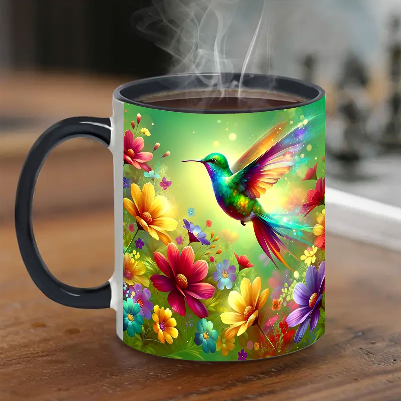TEMU 1pc Colorful Floral And Hummingbird Design Ceramic Coffee Mug, 11oz Double-sided Print, Ideal For Home Decor, Birthday, Decor For Easter, Best Gift For Father's Day