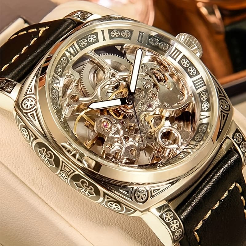 TEMU Men's Golden Automatic Mechanical Watch, Hollow Carved Skull Dial With Roman And Function- Luxury Round Watch For Casual And Formal Occasions