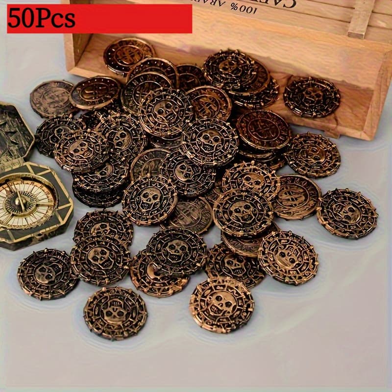 TEMU Gift For Her/him 50pcs Golden Decoration - Plastic And Cross Design, Metal Golden Surface, Perfect For Birthday Or Pirate Themed Parties, Ideal Party Supplies, Retro Coin Design | Metal End