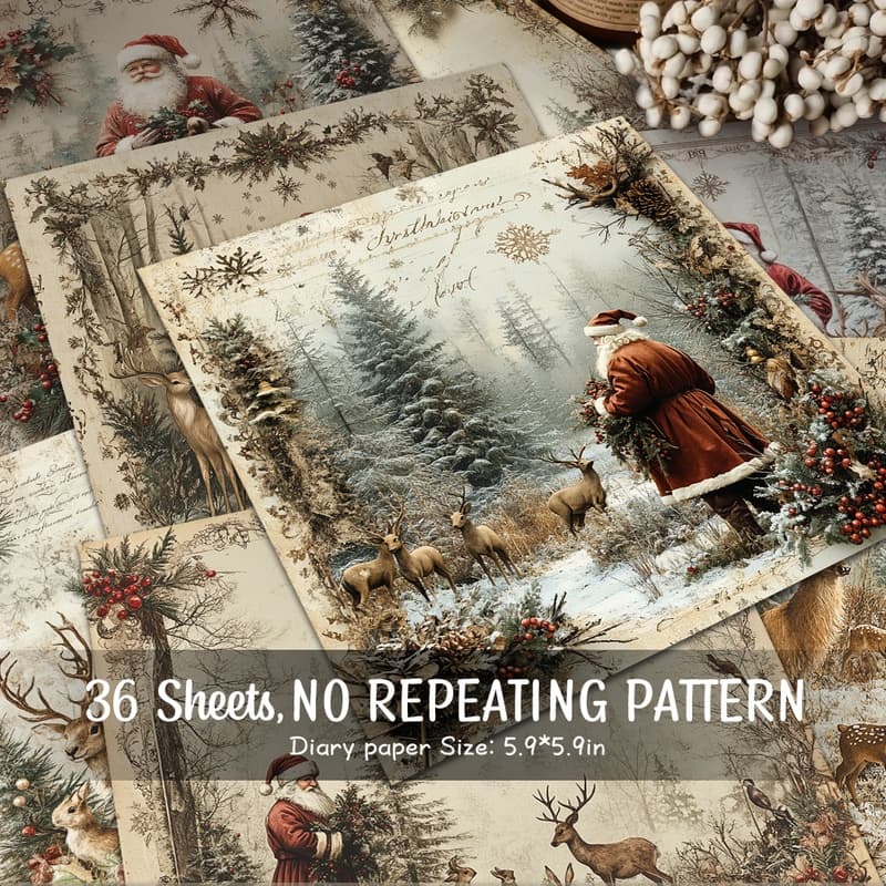 TEMU A Collection Of 36 Sheets Featuring Santa Claus And Reindeer Designs On Paper, Perfect For A Theme. This Decorative Paper Is Ideal For Grunge Journaling Backgrounds, Handmade Projects, And